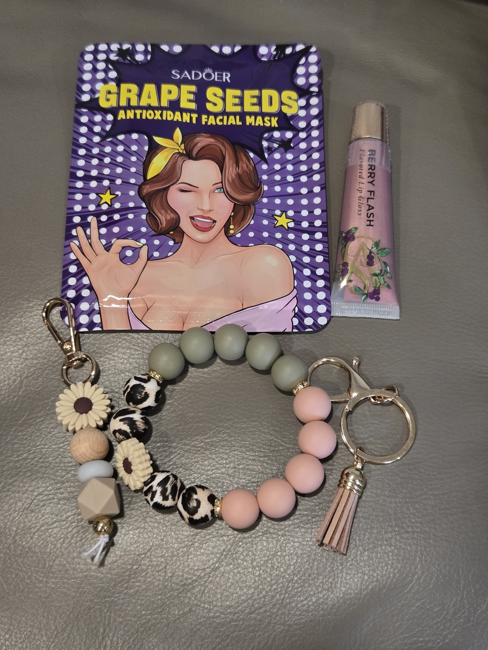 Sadoer Facial Mask + Pink & Sage Beaded Bracelet + Attached Charms + Lip Gloss